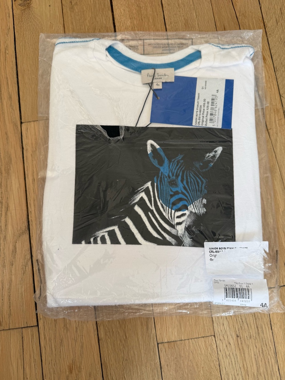 Paul Smith Kids White Tee with Blue & Black Zebra Print